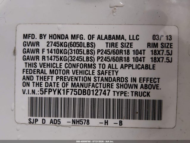 2013 Honda Ridgeline Sport მანქანა იყიდება აუქციონზე, vin: 5FPYK1F75DB012747, აუქციონის ნომერი: 45599768