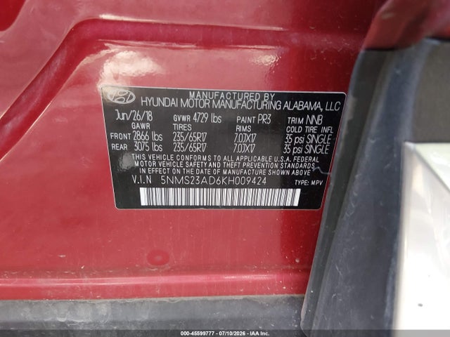 Продажа на аукционе авто 2019 Hyundai Santa Fe Se, vin: 5NMS23AD6KH009424, номер лота: 45599777