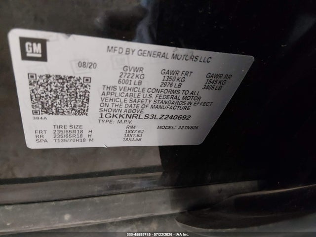 45599785 :رقم المزاد ، 1GKKNRLS3LZ240692 vin ، 2020 Gmc Acadia Fwd Sle مزاد بيع
