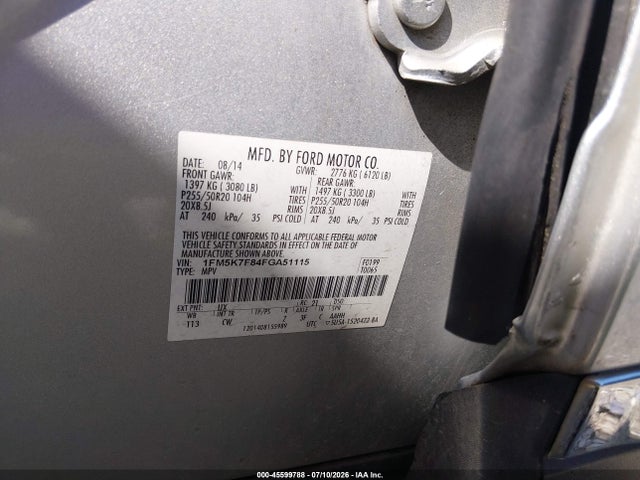 45599788 :رقم المزاد ، 1FM5K7F84FGA51115 vin ، 2015 Ford Explorer Limited مزاد بيع