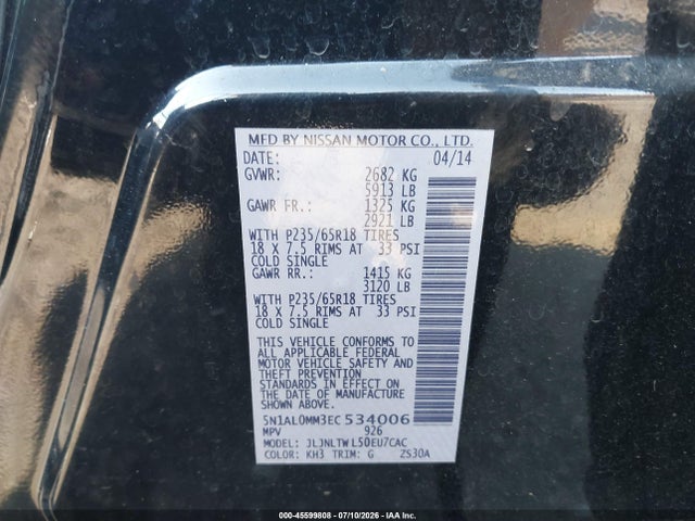 Продажа на аукционе авто 2014 Infiniti Qx60, vin: 5N1AL0MM3EC534006, номер лота: 45599808