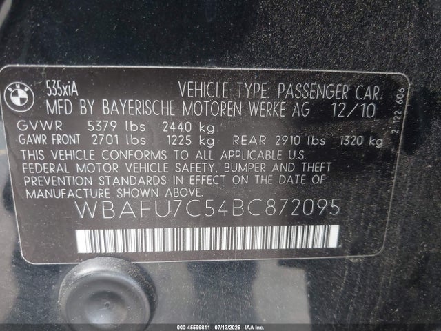 Aukcja sprzedaży 2011 Bmw 535i Xdrive, vin: WBAFU7C54BC872095, numer aukcji: 45599811