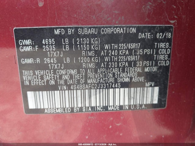 45599812 :رقم المزاد ، 4S4BSAFC2J3317445 vin ، 2018 Subaru Outback 2.5i Premium مزاد بيع