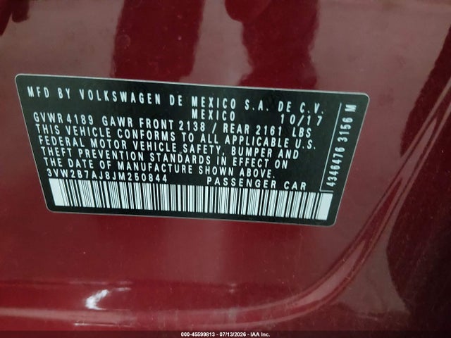 2018 Volkswagen Jetta 1.4t S მანქანა იყიდება აუქციონზე, vin: 3VW2B7AJ8JM250844, აუქციონის ნომერი: 45599813