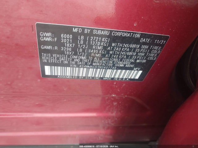2022 Subaru Ascent Premium მანქანა იყიდება აუქციონზე, vin: 4S4WMACD1N3407748, აუქციონის ნომერი: 45599818