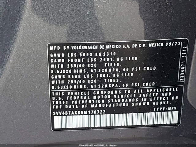 2022 Volkswagen Tiguan 2.0t Sel R-line მანქანა იყიდება აუქციონზე, vin: 3VV4B7AX8NM176722, აუქციონის ნომერი: 45599837