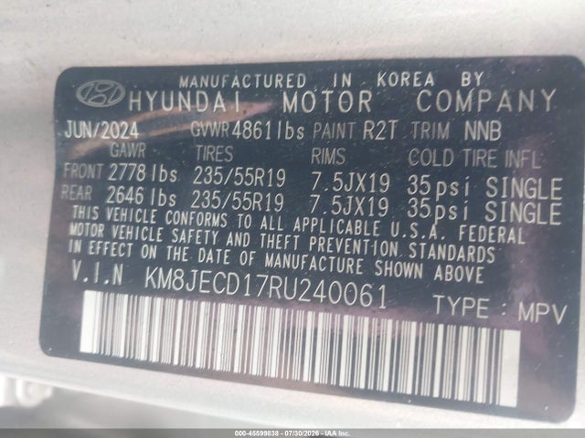 Продаж на аукціоні авто 2024 Hyundai Tucson Hybrid Limited, vin: KM8JECD17RU240061, номер лоту: 45599838