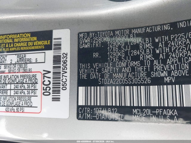 45599844 :رقم المزاد ، 5TDZA22C05S305526 vin ، 2005 Toyota Sienna Xle مزاد بيع