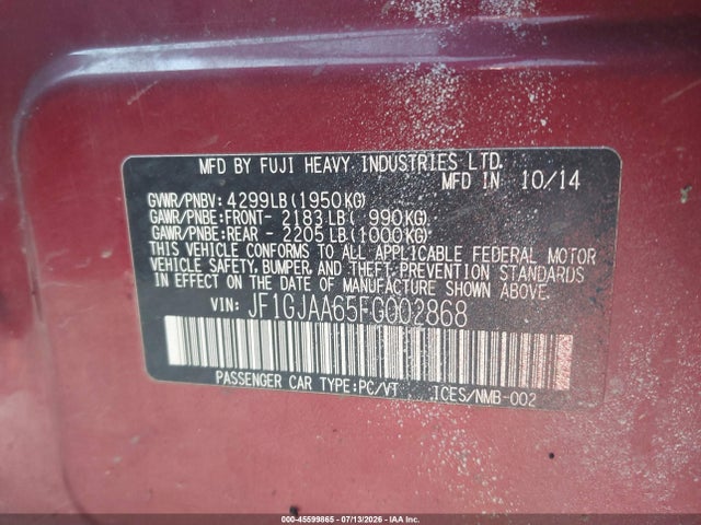 45599865 :رقم المزاد ، JF1GJAA65FG002868 vin ، 2015 Subaru Impreza 2.0i مزاد بيع