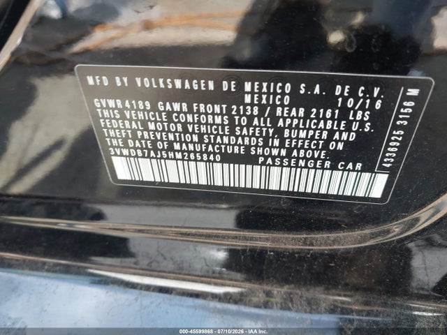 2017 Volkswagen Jetta 1.4t Se მანქანა იყიდება აუქციონზე, vin: 3VWDB7AJ5HM265840, აუქციონის ნომერი: 45599868