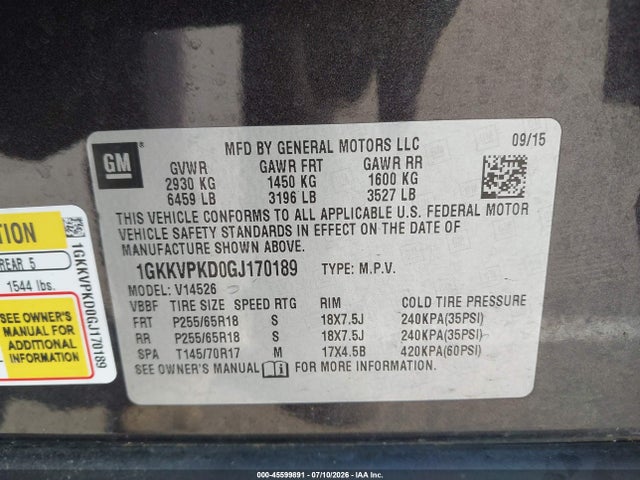 Aukcja sprzedaży 2016 Gmc Acadia Sle-2, vin: 1GKKVPKD0GJ170189, numer aukcji: 45599891