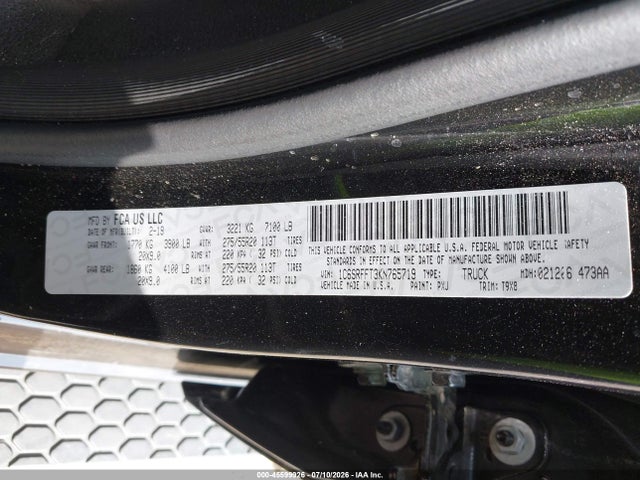45599926 :رقم المزاد ، 1C6SRFFT3KN765719 vin ، 2019 Ram 1500 Big Horn/lone Star  4x4 5'7 Box مزاد بيع