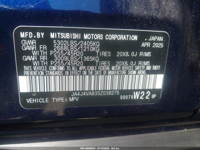 2025 Mitsubishi Outlander Se 2.5 S-awc/trail Edition S-awc მანქანა იყიდება აუქციონზე, vin: JA4J4VA83SZ038275, აუქციონის ნომერი: 45599930