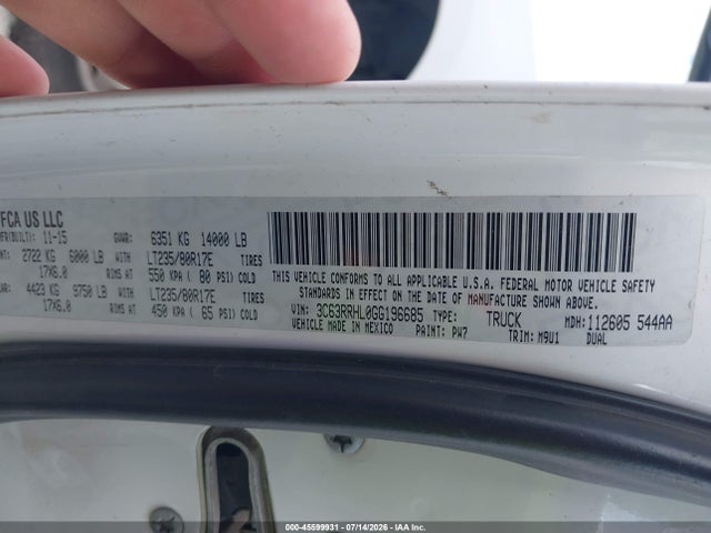 Продажа на аукционе авто 2016 Ram 3500 Big Horn, vin: 3C63RRHL0GG196685, номер лота: 45599931