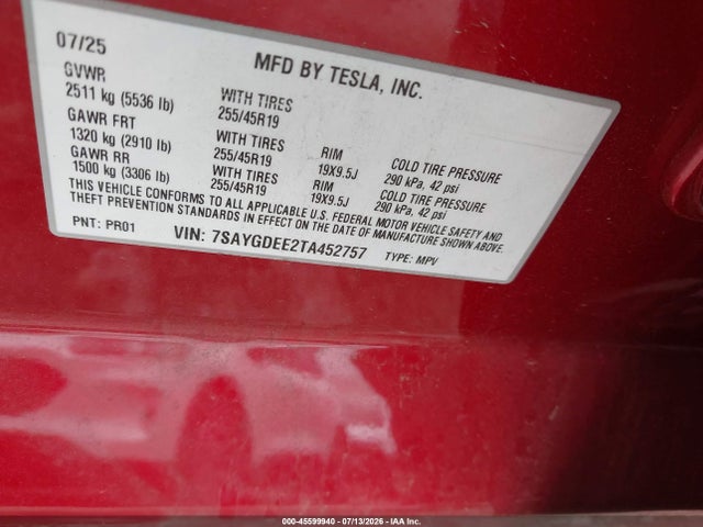 Aukcja sprzedaży 2026 Tesla Model Y, vin: 7SAYGDEE2TA452757, numer aukcji: 45599940