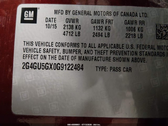 Продажа на аукционе авто 2016 Buick Regal Turbo Gs, vin: 2G4GU5GX0G9122484, номер лота: 45599951