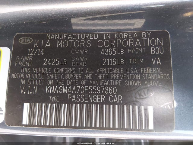 Продажа на аукционе авто 2015 Kia Optima Lx, vin: KNAGM4A70F5597360, номер лота: 45599962