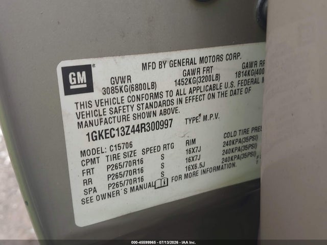 45599965 :رقم المزاد ، 1GKEC13Z44R300997 vin ، 2004 Gmc Yukon Slt مزاد بيع