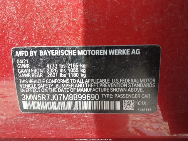 Aukcja sprzedaży 2021 Bmw 330i Xdrive, vin: 3MW5R7J07M8B99690, numer aukcji: 45599972