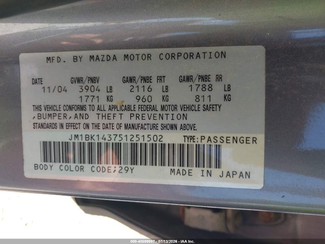 Продажа на аукционе авто 2005 Mazda Mazda3 S, vin: JM1BK143751251502, номер лота: 45599997