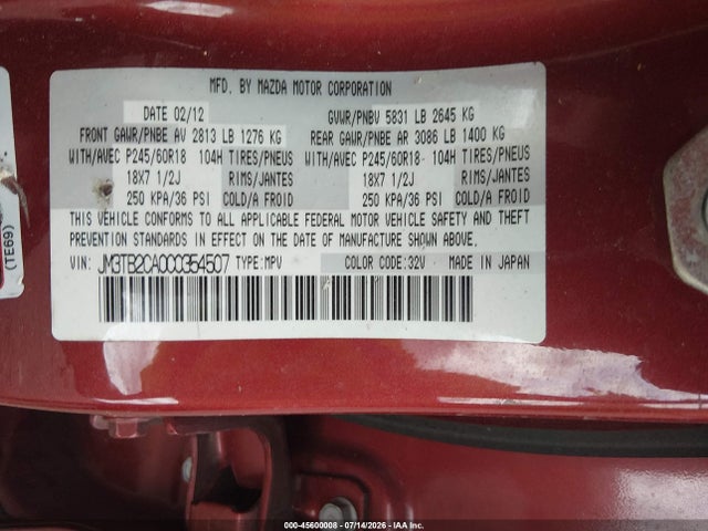 Aukcja sprzedaży 2012 Mazda Cx-9 Touring, vin: JM3TB2CA0C0354507, numer aukcji: 45600008