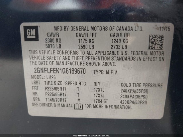 45600015 :رقم المزاد ، 2GNFLFEK1G6189670 vin ، 2016 Chevrolet Equinox Lt مزاد بيع