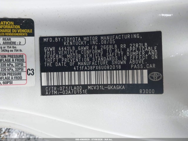 45600029 :رقم المزاد ، 4T1FA38PX6U082018 vin ، 2006 Toyota Camry Solara Sle مزاد بيع