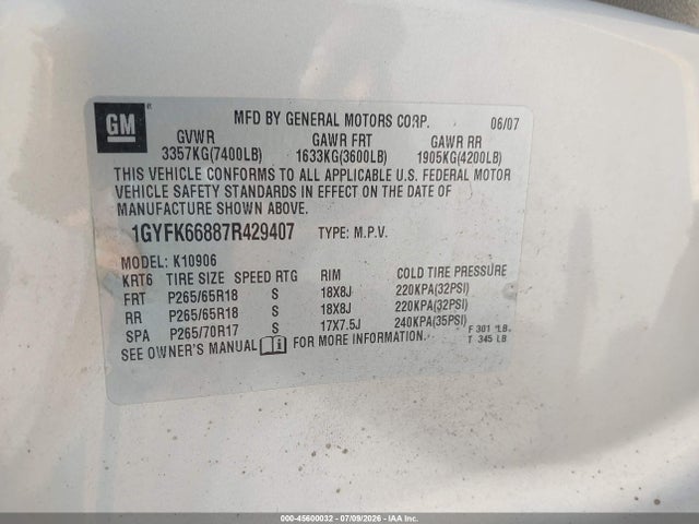 Aukcja sprzedaży 2007 Cadillac Escalade Esv Standard, vin: 1GYFK66887R429407, numer aukcji: 45600032