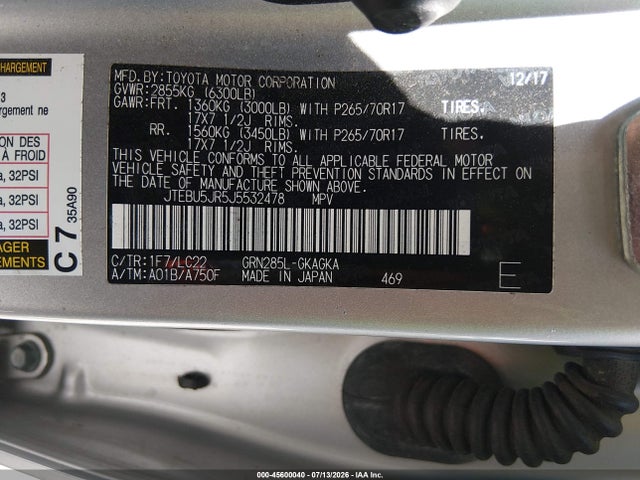 45600040 :رقم المزاد ، JTEBU5JR5J5532478 vin ، 2018 Toyota 4runner Trd Off Road Premium مزاد بيع