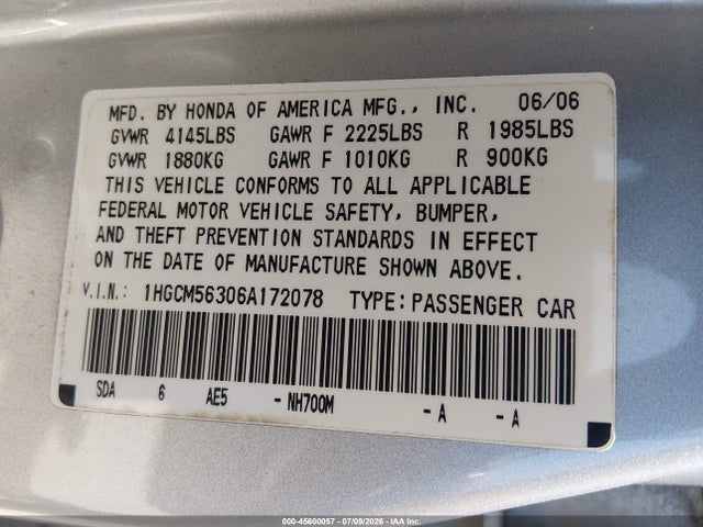 Auction sale of the 2006 Honda Accord 2.4 Se, vin: 1HGCM56306A172078, lot number: 45600057