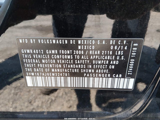 Продаж на аукціоні авто 2014 Volkswagen Jetta 2.0l S, vin: 3VW1K7AJ6EM324781, номер лоту: 45600064