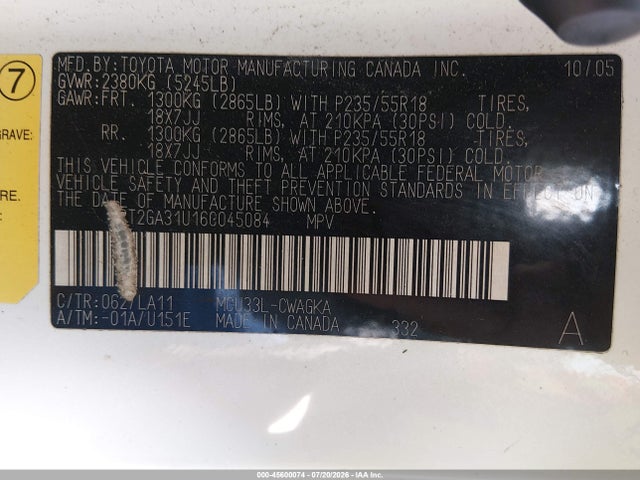 45600074 :رقم المزاد ، 2T2GA31U16C045084 vin ، 2006 Lexus Rx 330 مزاد بيع