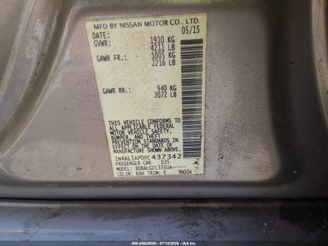 1N4AL3AP0FC437342 Nissan Altima 2.5/2.5 S/2.5 Sl/2.5 Sv
