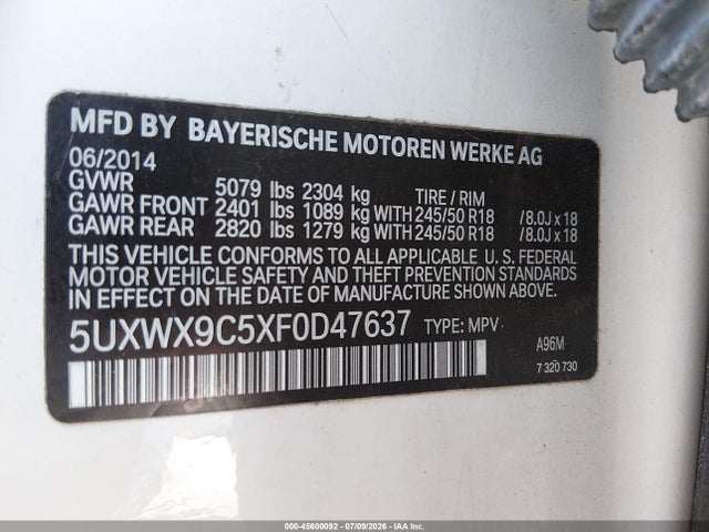 Auction sale of the 2015 Bmw X3 Xdrive28i, vin: 5UXWX9C5XF0D47637, lot number: 45600092