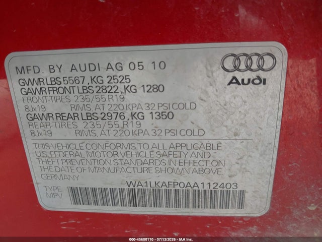 45600110 :رقم المزاد ، WA1LKAFP0AA112403 vin ، 2010 Audi Q5 3.2 Premium مزاد بيع