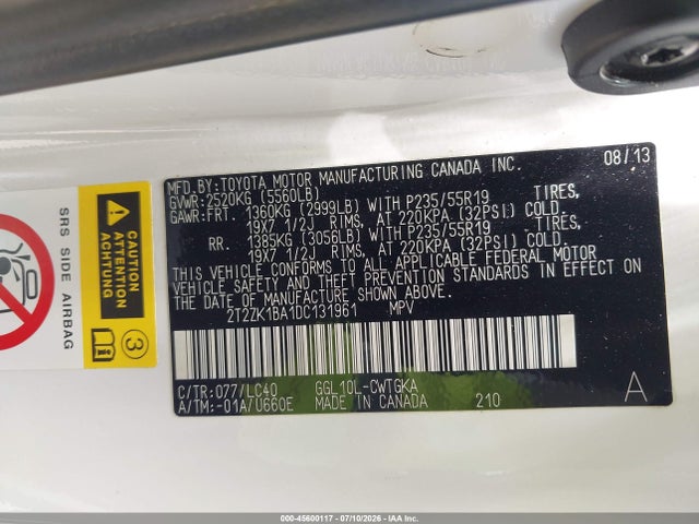 45600117 :رقم المزاد ، 2T2ZK1BA1DC131961 vin ، 2013 Lexus Rx 350 مزاد بيع