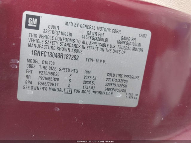 Продаж на аукціоні авто 2008 Chevrolet Tahoe Ltz, vin: 1GNFC13048R187292, номер лоту: 45600120