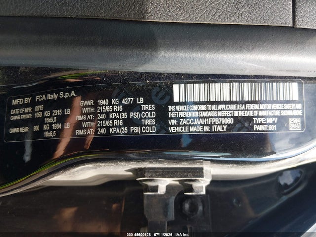 45600126 :رقم المزاد ، ZACCJAAH1FPB79060 vin ، 2015 Jeep Renegade Sport مزاد بيع