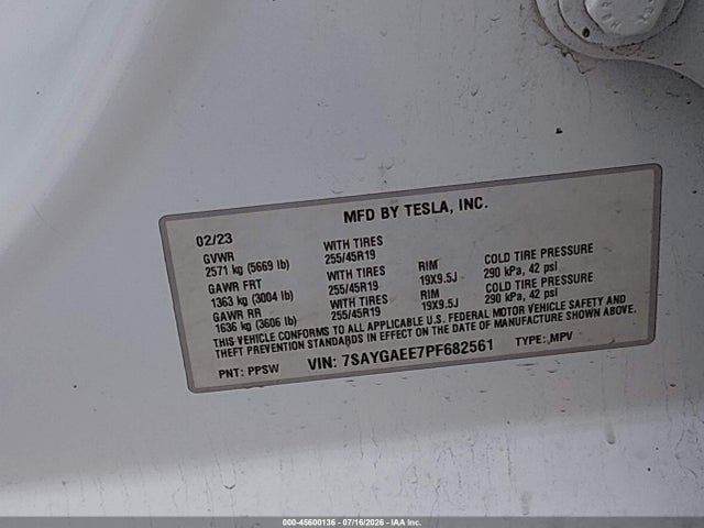 45600136 :رقم المزاد ، 7SAYGAEE7PF682561 vin ، 2023 Tesla Model Y مزاد بيع