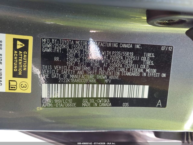45600142 :رقم المزاد ، 2T2ZK1BA8DC093466 vin ، 2013 Lexus Rx 350 مزاد بيع