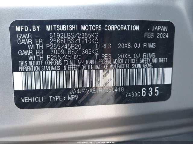 Aukcja sprzedaży 2024 Mitsubishi Outlander Se 2.5 S-awc/se Black Edition S-awc/se Black Edition W/pano Roof S-awc/se Ralliart S-awc, vin: JA4J4VA81RZ050418, numer aukcji: 45600151