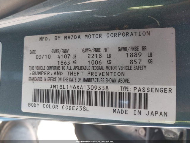45600154 :رقم المزاد ، JM1BL1H6XA1309338 vin ، 2010 Mazda Mazda3 S Sport مزاد بيع