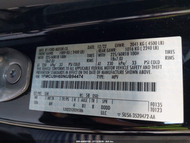 Продаж на аукціоні авто 2022 Ford Escape Sel, vin: 1FMCU9H60NUB94474, номер лоту: 45600158