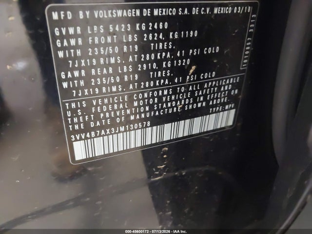 45600172 :رقم المزاد ، 3VV4B7AX3JM130578 vin ، 2018 Volkswagen Tiguan 2.0t Sel Premium مزاد بيع