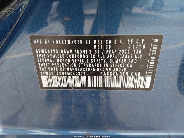 45600179 :رقم المزاد ، 3VWC57BU9KM040372 vin ، 2019 Volkswagen Jetta 1.4t R-line/1.4t S/1.4t Se مزاد بيع
