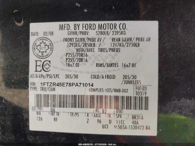 45600183 :رقم المزاد ، 1FTZR45E78PA71014 vin ، 2008 Ford Ranger Fx4 Off-rd/sport/xlt مزاد بيع
