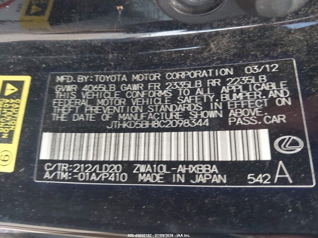 Aukcja sprzedaży 2012 Lexus Ct 200h Premium, vin: JTHKD5BH8C2098344, numer aukcji: 45600192
