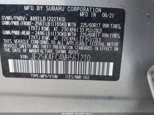 Продаж на аукціоні авто 2021 Subaru Forester Premium, vin: JF2SKAFC4MH561210, номер лоту: 45600225