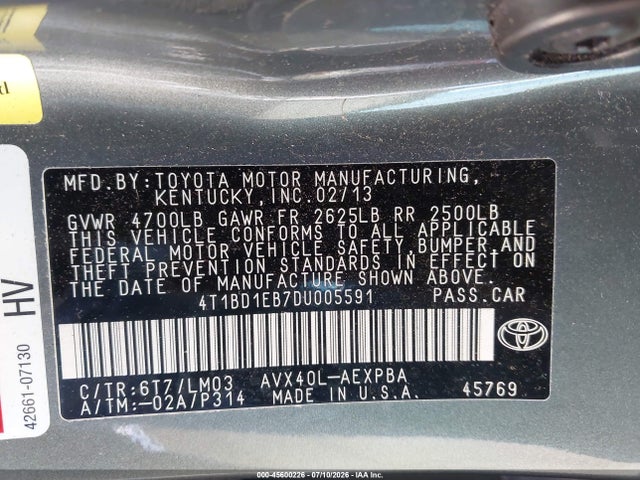2013 Toyota Avalon Hybrid Limited მანქანა იყიდება აუქციონზე, vin: 4T1BD1EB7DU005591, აუქციონის ნომერი: 45600226