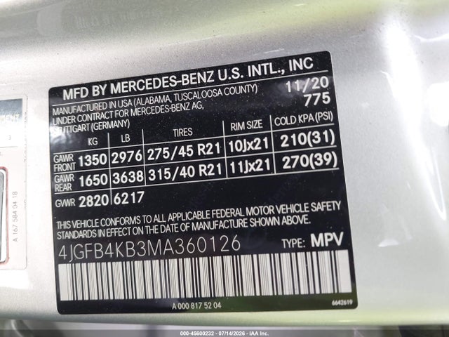 45600232 :رقم المزاد ، 4JGFB4KB3MA360126 vin ، 2021 Mercedes-benz Gle 350 4matic مزاد بيع